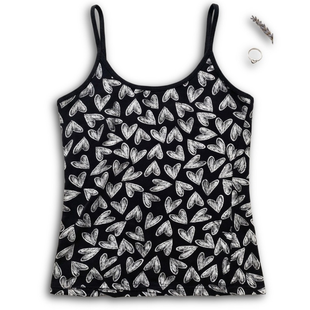 No Boundaries Black White Heart Print Cotton Camisole Tank Top Large 11-13
